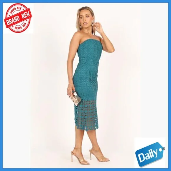 Strapless Lace Midi Dress with Boning Shirred Back Bodycon Fit